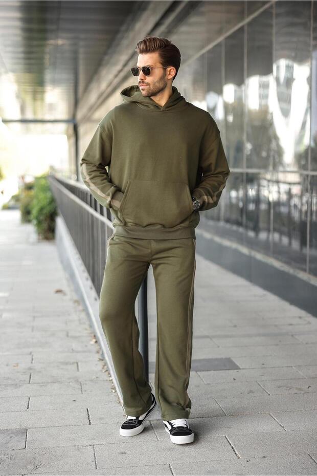 Haki Kanguru Cep Kapüşonlu Erkek Eşofman Takımı E7336 - 3