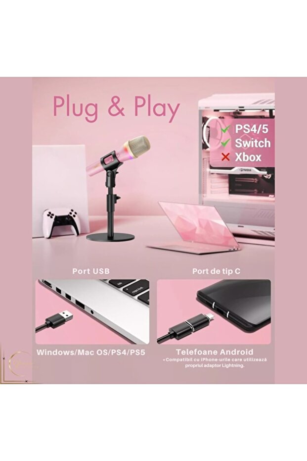 TD310 Dynamic USB-C Microphone with RGB Light, Quick Mute & Desktop Stand - Pink - 2