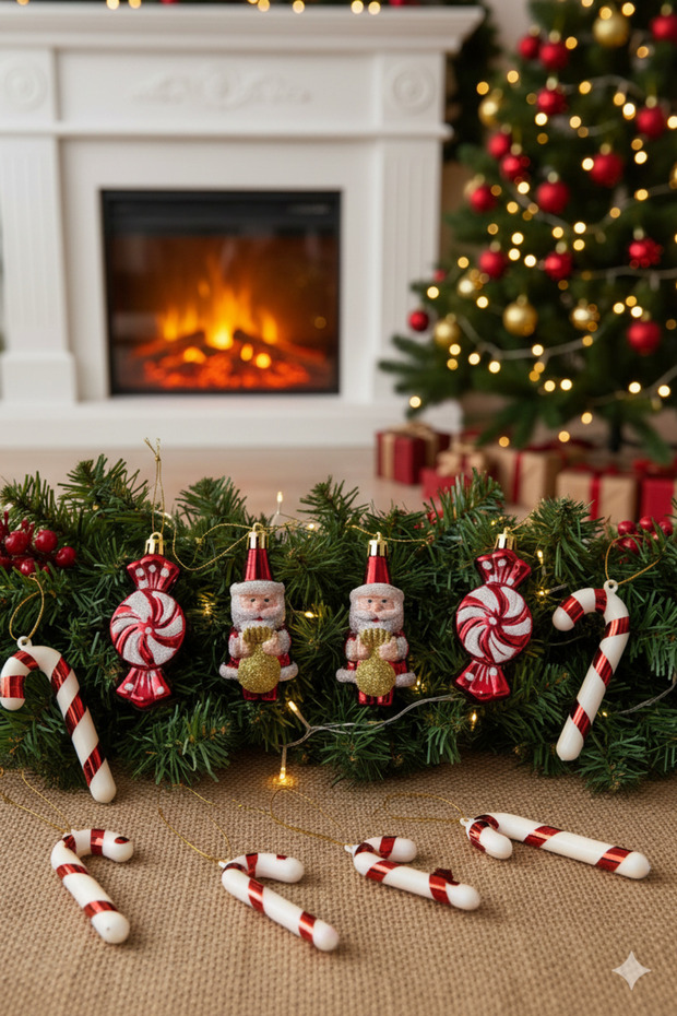 Christmas Santa Claus Candy 6-Piece Cane 2-Piece Pine Tree Ornament Set