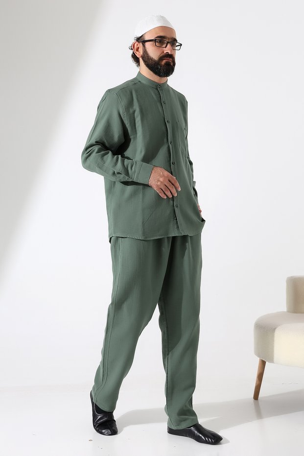 Men's Muslin Hakim Collar Shirt with Pockets and Pants Two-Piece Set, Hajj Umrah Outfit - Green (Ans)