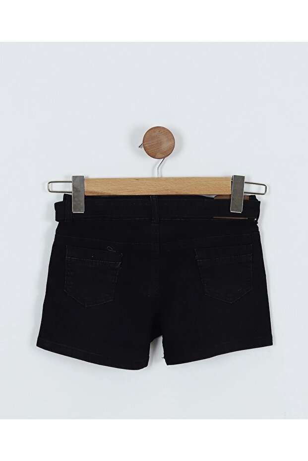 SİYAH LAZERLİ KEMERLİ KIZ ÇOCUK KOT ŞORT - 3