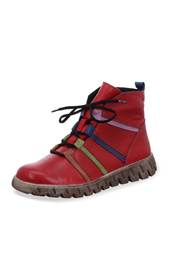 Red Genuine Leather Zippered and Lace-Up Boots