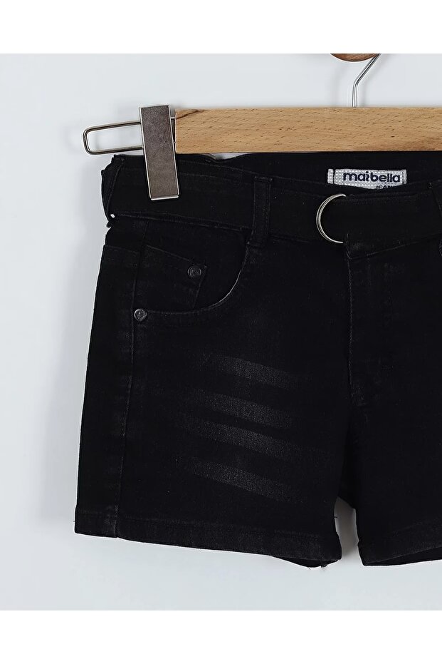 SİYAH LAZERLİ KEMERLİ KIZ ÇOCUK KOT ŞORT - 2