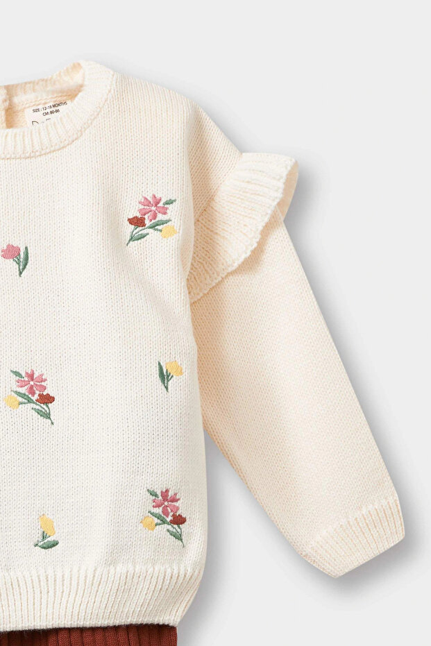 F2661 Ekru Kız Bebek 2'li Takım Çiçekli Desenli Sweatshirt Tayt - 3