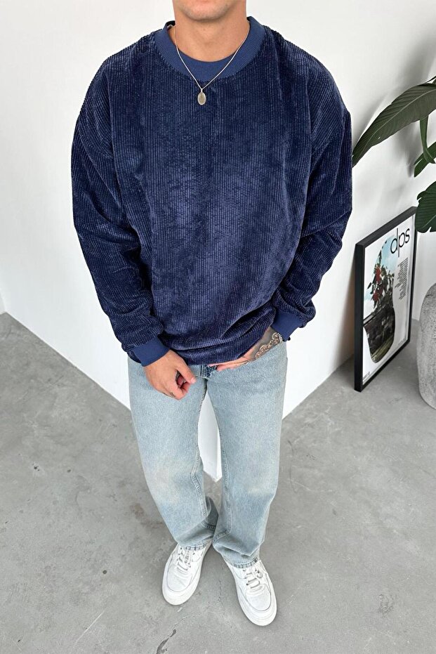 Lacivert Fitilli Kadife Basic Sweat - 1