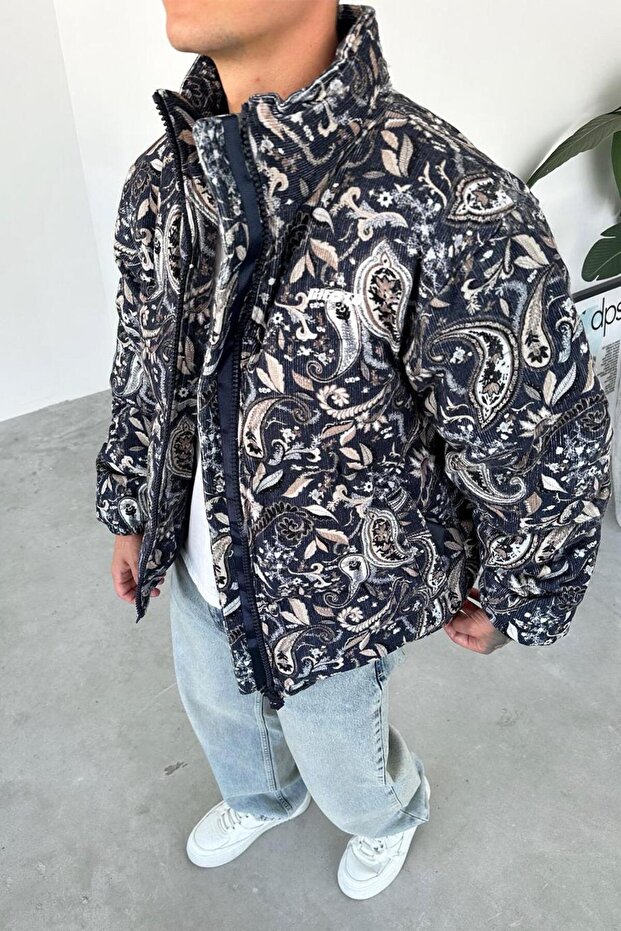 معطف مخملي منقوش باللون الأزرق الداكن - 2