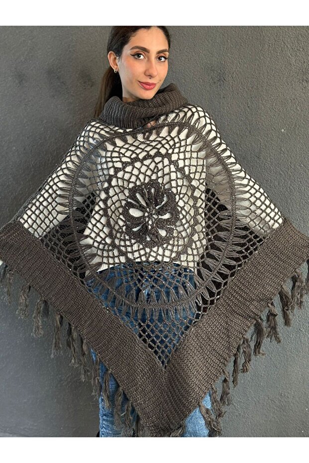 Knitted Tricot Motifed Tasseled High Neck Poncho Shawl