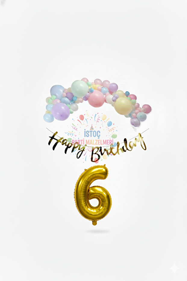 İstoç Happy Birthday Written Calligraphy Banner Macaron Balloon Set 6 Years Old Gold Set Birthday