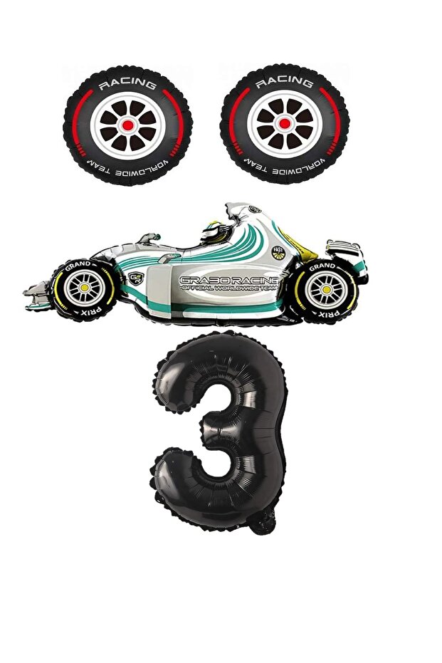 White Race Car Rubber and Black Figure Foil Balloon Set Age 3