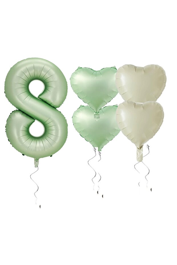 İstoç Water Green Color Number Heart Foil Balloon Set Age 8