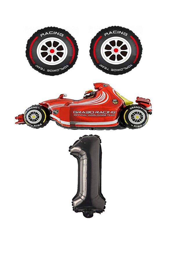 Red Race Car Rubber and Black Figure Foil Balloon Set Age 1