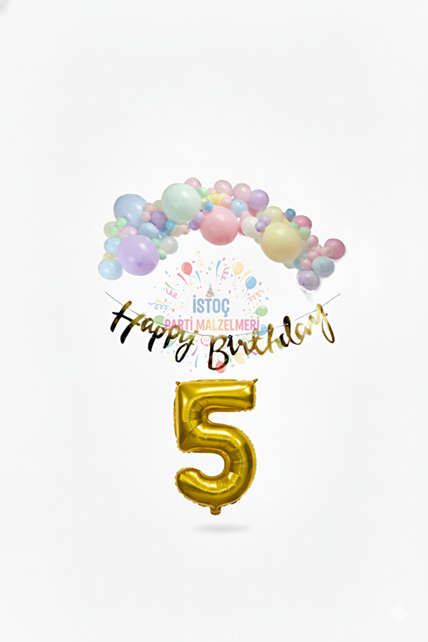 İstoç Happy Birthday Written Calligraphy Banner Macaron Balloon Set 5 Years Old Gold Set Birthday