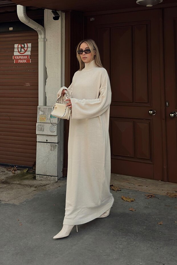 Bej Daly Yarım Balıkçı Oversize Kadın Triko Midi Elbise - 3