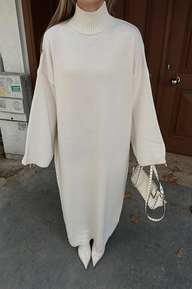 Bej Daly Yarım Balıkçı Oversize Kadın Triko Midi Elbise - 5