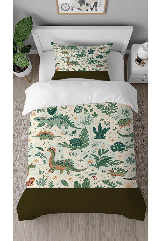 Dinosaur Jurassic Patterned Digital Printed Special Design Single Children's Duvet Cover Set Without Sheets - 1