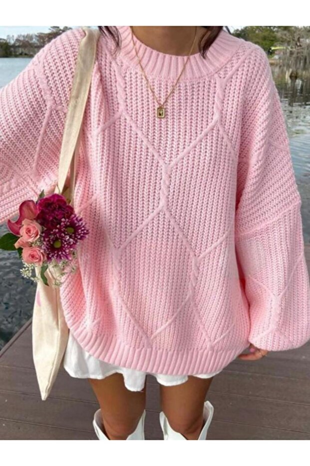 Triko Oversize Örgü Desen Kazak - 1