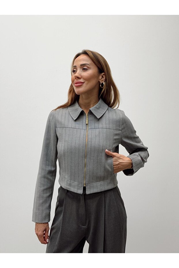 Women's Striped Zippered Gray Crop Jacket