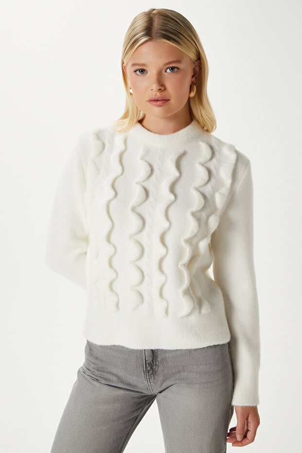 Wave Dalgalı Ekru Triko Kazak AQ763 - 1