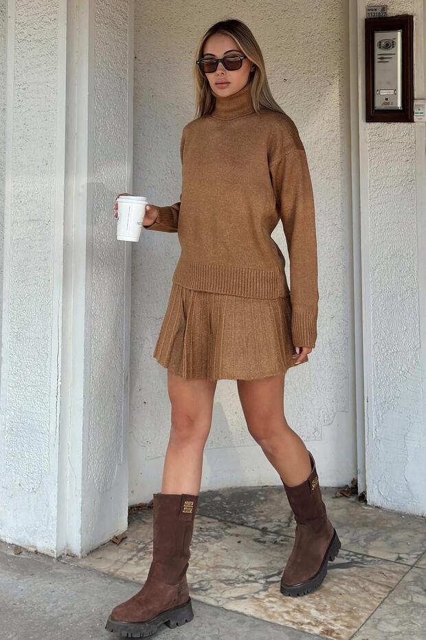 Mink Raina Turtleneck Sweater-Pleated Skirt Women's Knitwear Bottom-Top Set