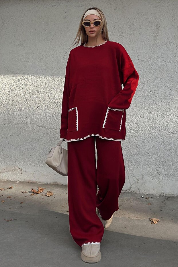 Kırmızı Çoban Dikiş Çift Cepli Oversize Kazak-Pantolon Örgü Kadın Alt-Üst Takım - 1