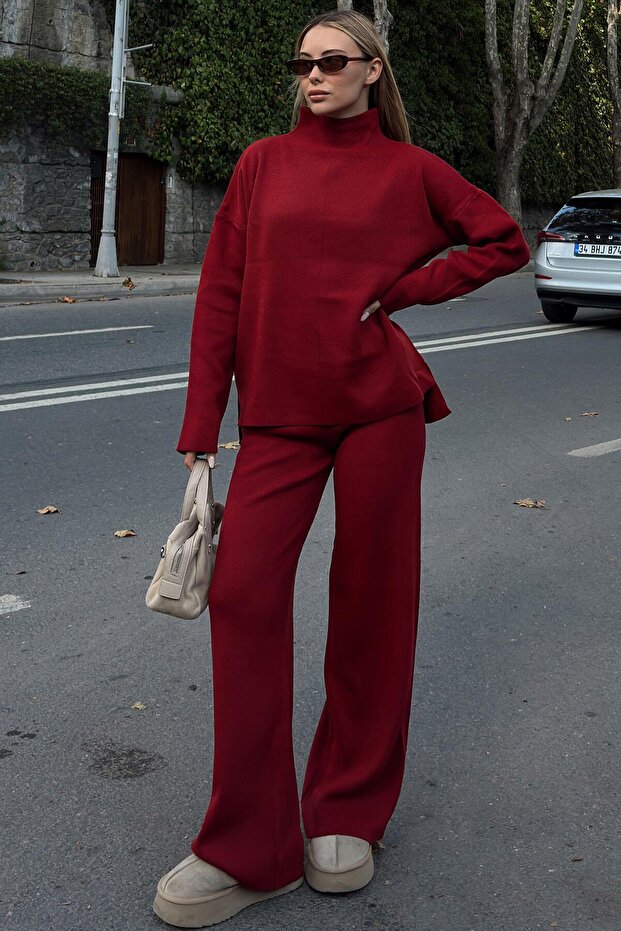 Red Stand Collar Long Back Sweater-Pants Women's Knitwear Bottom Top Set