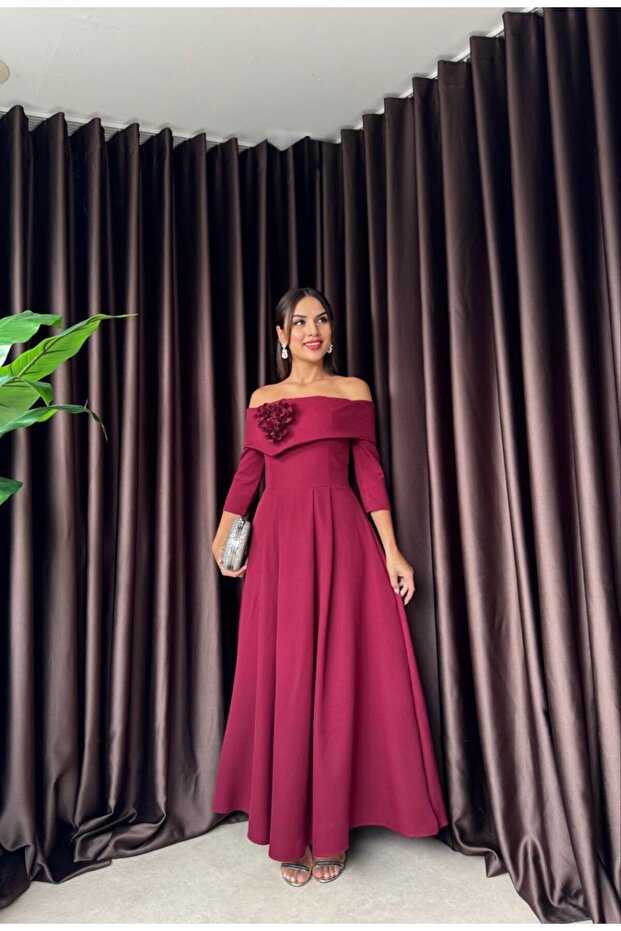 Zoee Üçlü Tek Gül Tasarım Madonna Yaka Uzun Kol Elbise (düğün/davet/mezuniyet/söz elbisesi) - 3