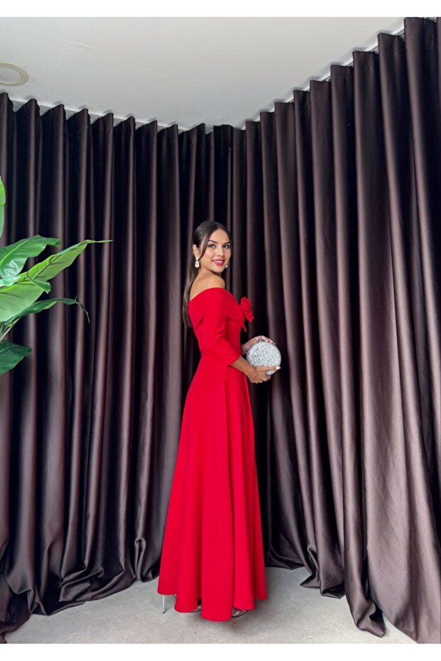 Zoee Üçlü Tek Gül Tasarım Madonna Yaka Uzun Kol Elbise (düğün/davet/mezuniyet/söz elbisesi) - 5