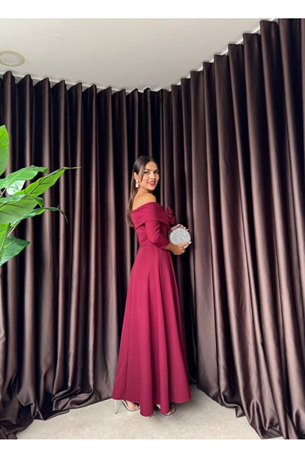 Zoee Üçlü Tek Gül Tasarım Madonna Yaka Uzun Kol Elbise (düğün/davet/mezuniyet/söz elbisesi) - 6