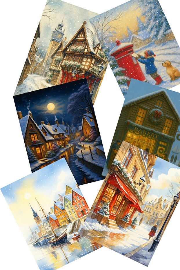 9 Different Glitter Postcard Set New Year Landscape Nostalgia Red Mailbox Model -1