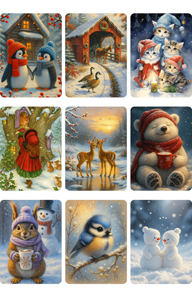 9Pcs Glittery Christmas Card Postcard Gift Nostalgic Sticker Cute Penguins Model-5