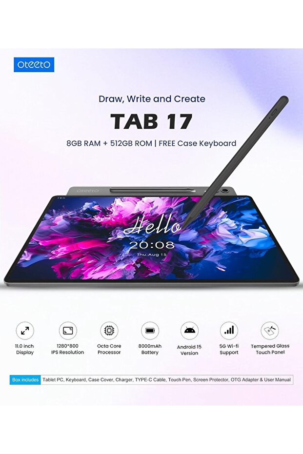 Oteeto TAB17 11" Android Tablet – 2K IPS Display, Stylus Support, 8GB RAM 256GB Storage, Dual SIM - 4