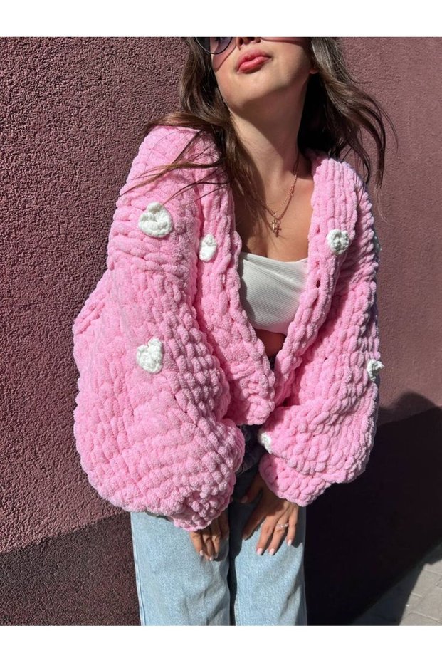 White Heart Hand Knitted Puffy Cardigan & Chunky Cardigan & Pinterest Cardigan & Crop Cardigan