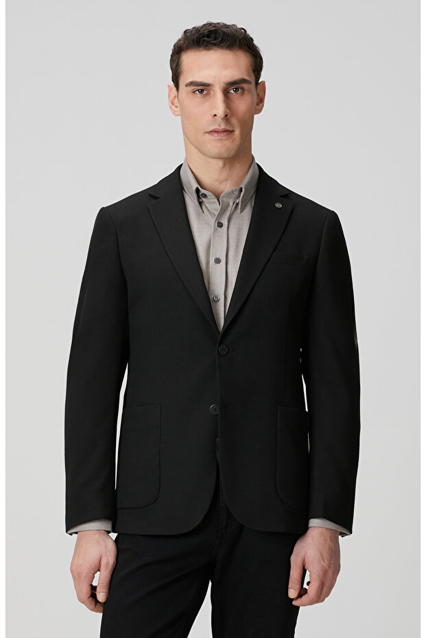 Siyah İnce Diyagonal Desen Ceket - 1