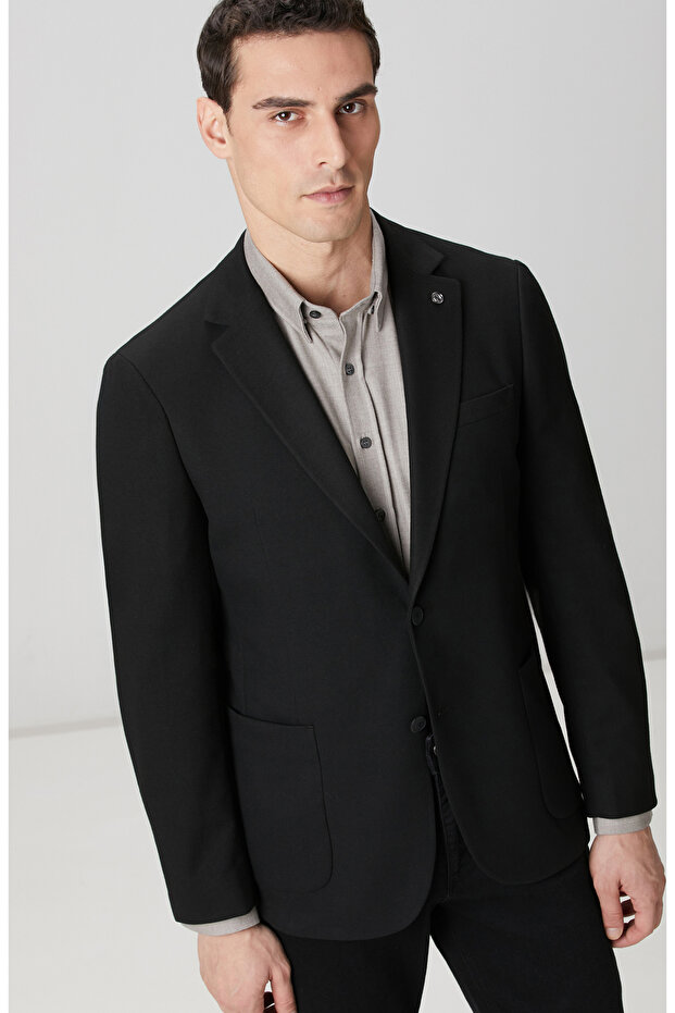 Siyah İnce Diyagonal Desen Ceket - 2