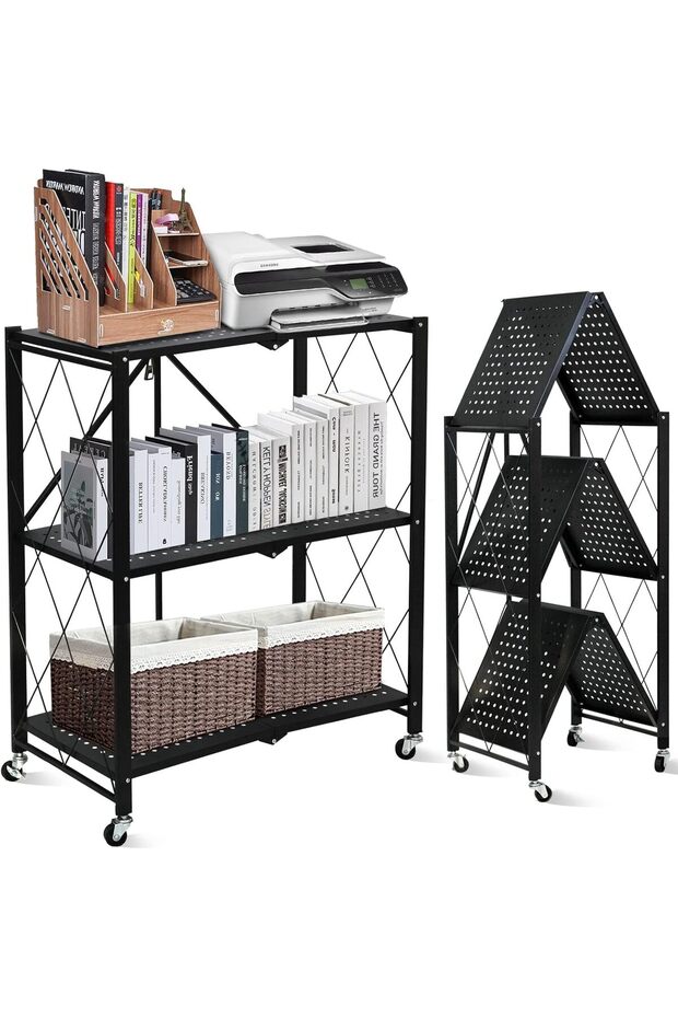 SKY-TOUCH 3-Tier Foldable Storage Shelves, Kitchen Shelf with Caster Wheels, Easy Assembly Shelf Foldable for Living Room Bedroom Kitchen Garage Black