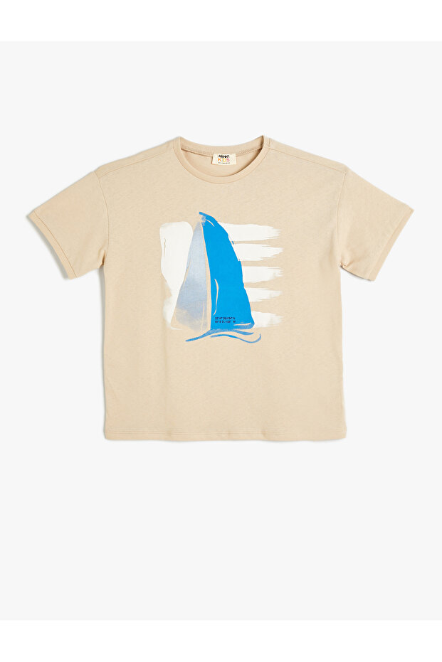 Boy's Beige Printed Cotton T-Shirt