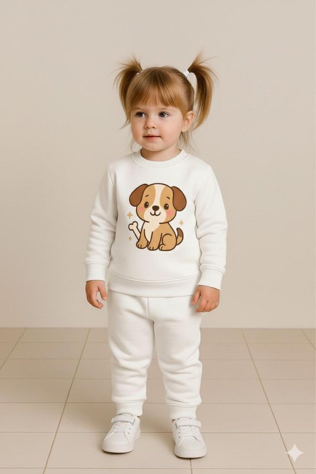 Crew Neck Fleece-Lined Unisex Children's Sweatshirt Puppy Dog Printed 3 4 5 6 7 8 9 10 11 12 Years