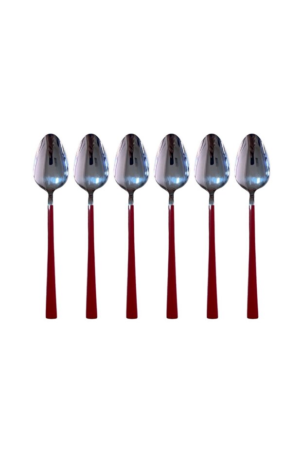 Shiny Silver Red Dessert Spoon Set, Breakfast Spoon Set Boxed, Stainless Steel, 6 Pieces Silver