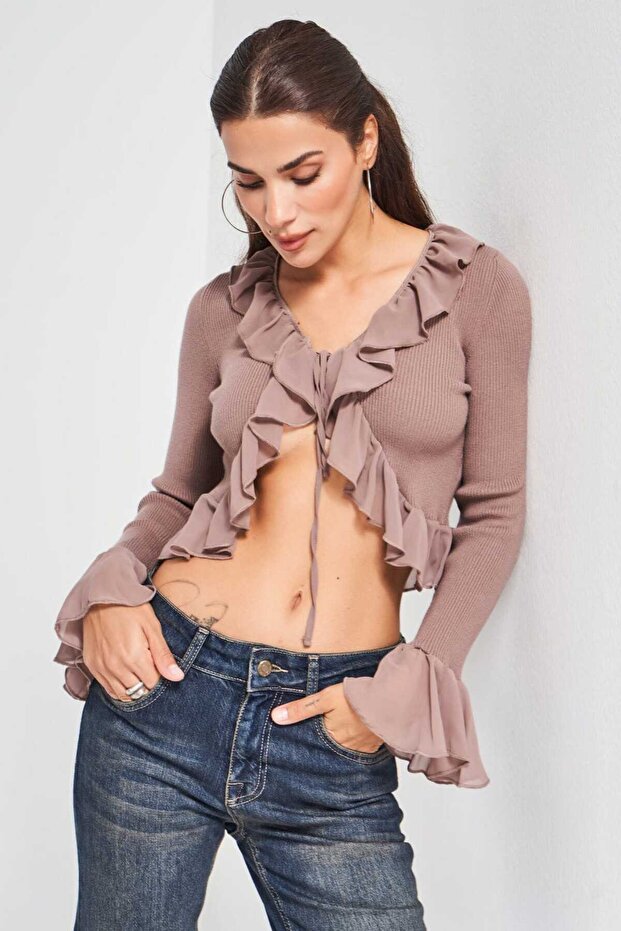 itsbasic Kadın Triko Örme Kumaş Şifon Detaylı Volanlı Hırka Bluz - 3