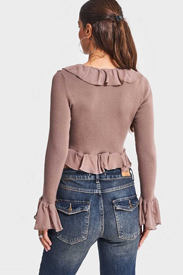 itsbasic Kadın Triko Örme Kumaş Şifon Detaylı Volanlı Hırka Bluz - 2