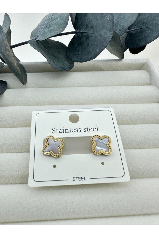 Gold Color Enamel White Clover Model Mini Size Women's Earrings