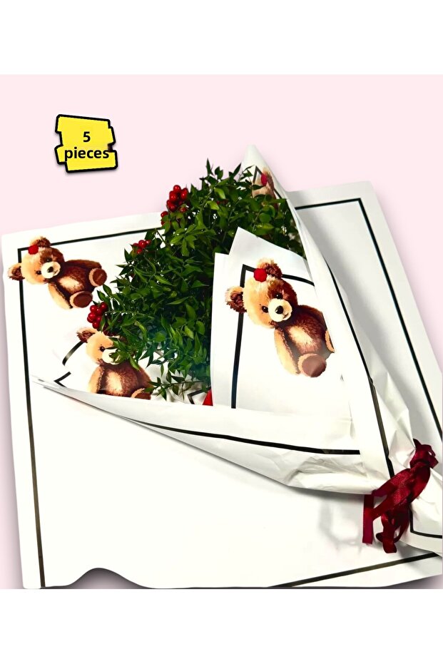Jelatini Print Floral Bouquet Paper - Black Frame with Teddy Bear Print, White Opp, 55X55Cm, 5Pcs