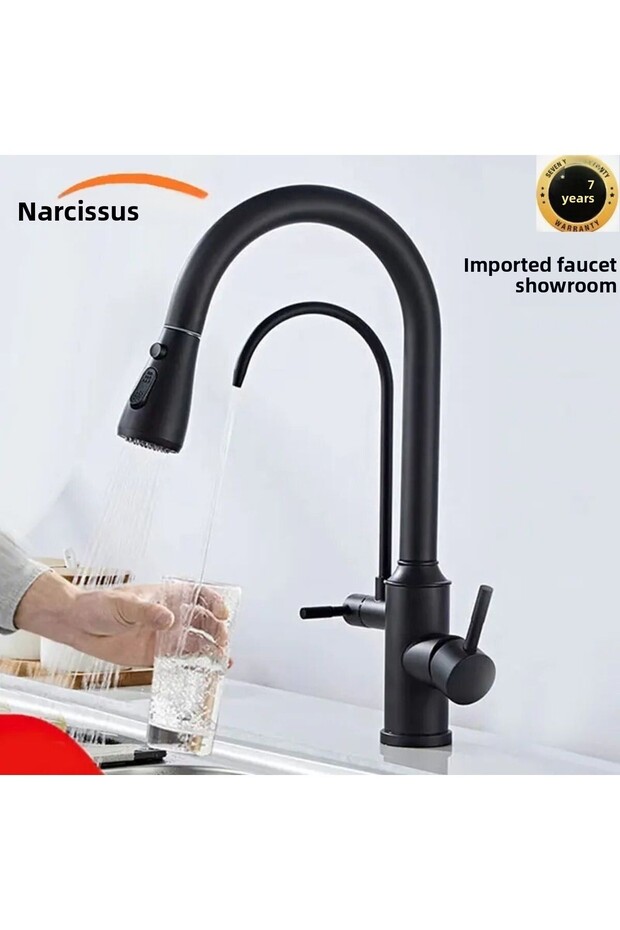 Kitchen Sink Faucet with Dual Flow Water Filtration Outlet and Spiral Spray Nozzle, 7-Year Warranty, Imported, Matte Black.