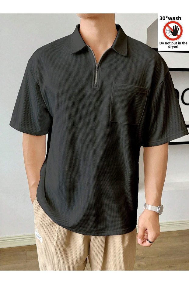 Men's Oversize Zip-Up Polo Neck Waffle T-Shirt Polo Neck Tee Shirt
