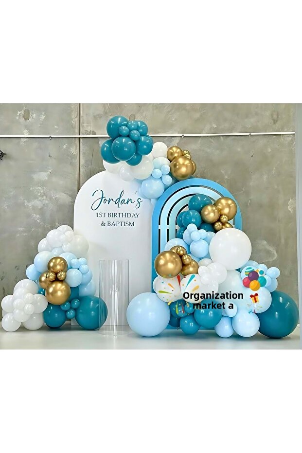 Balloon Set Deep Ocean - Macaron Blue-White-Chrome Gold 60-Piece Balloon Chain Set