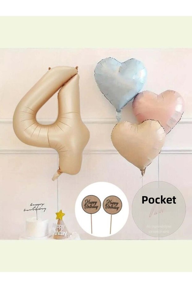 Sand Beige Number Foil Balloon Retro Blue Pink Satin Heart Foil Balloon Birthday Balloon Set - Age 4