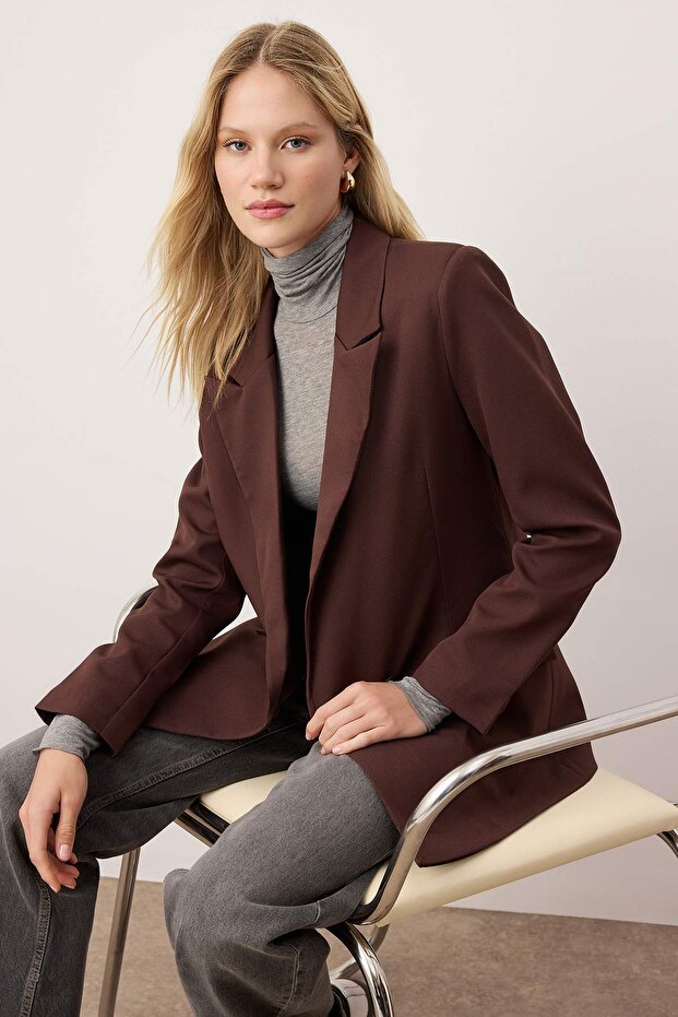 Kahverengi Regular Astarlı Kruvaze Kapama Dokuma Blazer Ceket TWOSS20CE0059 - 2