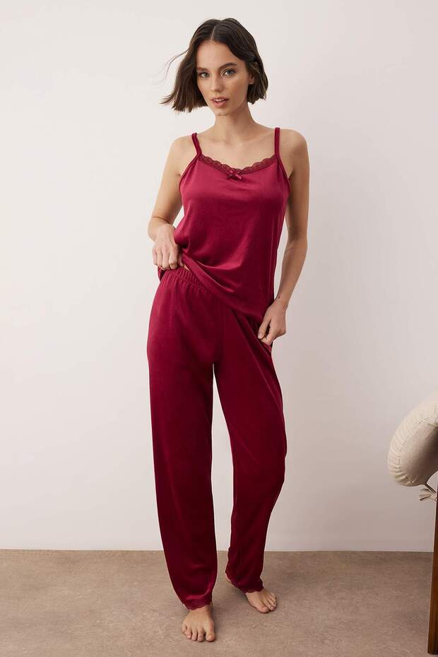 Bordo 3'lü Çeyiz Seti Dantel Detaylı Kadife Örme Sabahlık+Pijama Takımı THMAW26PT00191 - 3