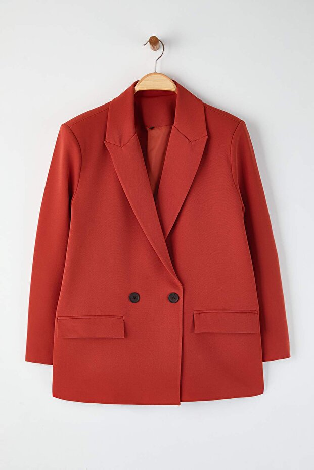 Bordo Kiremit Oversize Düz Kesim Basic Kruvaze Dokuma Blazer Ceket TWOSS24BC00028 - 9