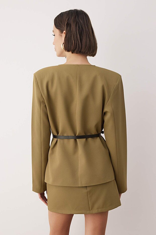 Açık Haki Kemerli Normal Kalıp Dokuma Blazer Ceket TWOAW26BC00056 - 4